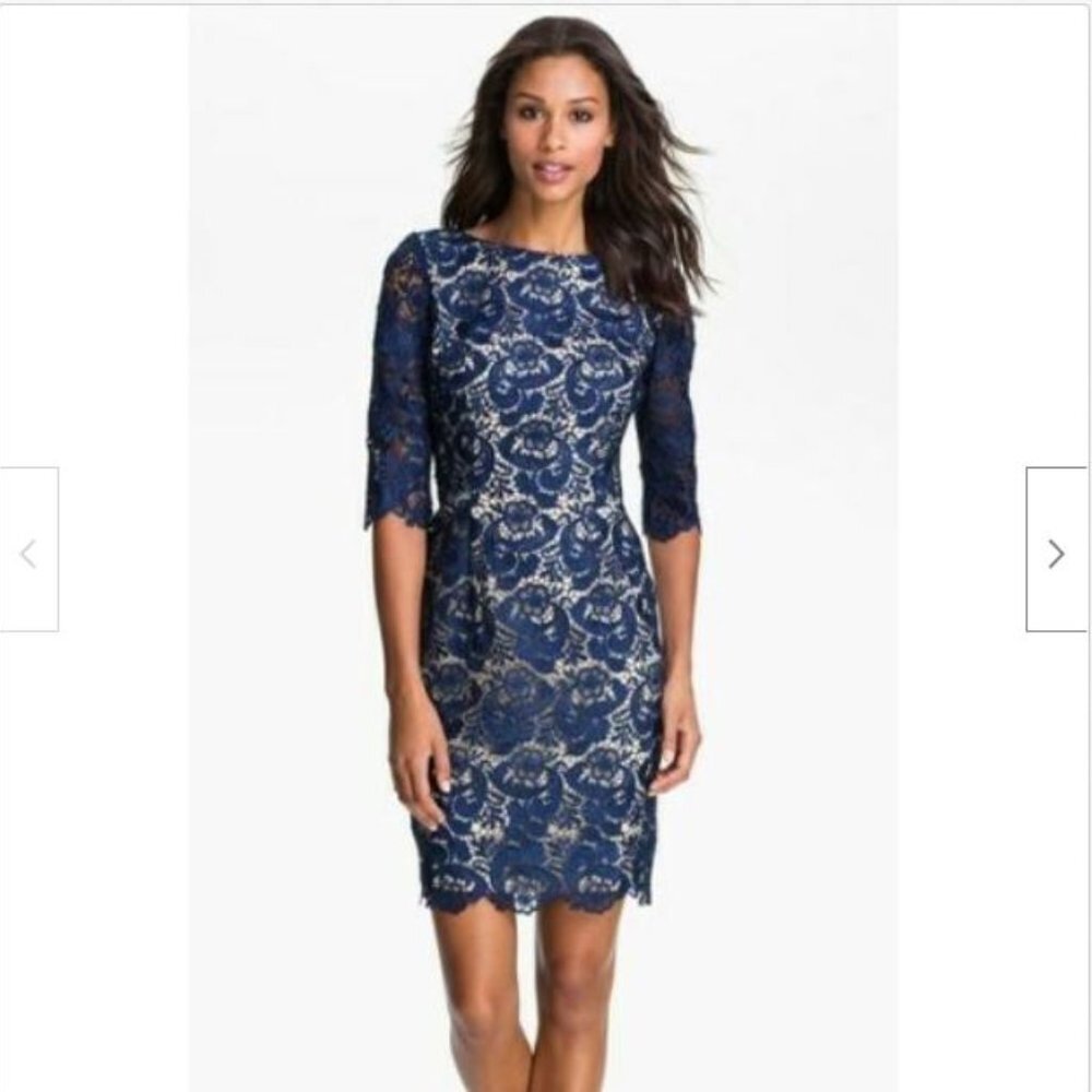 Eliza J Royal Collection Blue Embroidered Lace Overlay Sheath Dress Sz 4